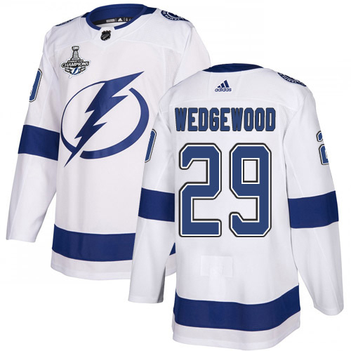 Adidas Tampa Bay Lightning #29 Scott Wedgewood White Road Authentic Youth 2020 Stanley Cup Champions Stitched NHL Jersey